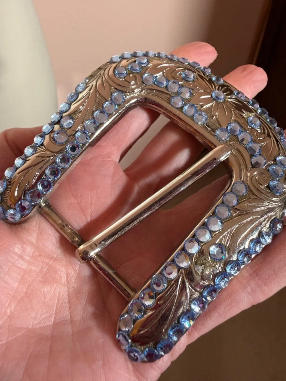 B.B. Simon Blue crystal Etched Silver Metal Oversized Western Belt Buckle